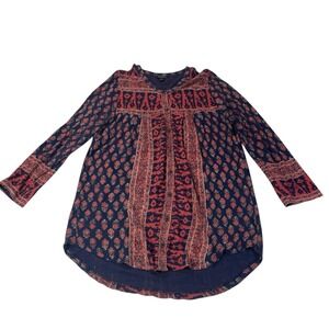 Lucky Brand Boho Tunic Top Navy Red Floral Print Long Sleeve Women's M